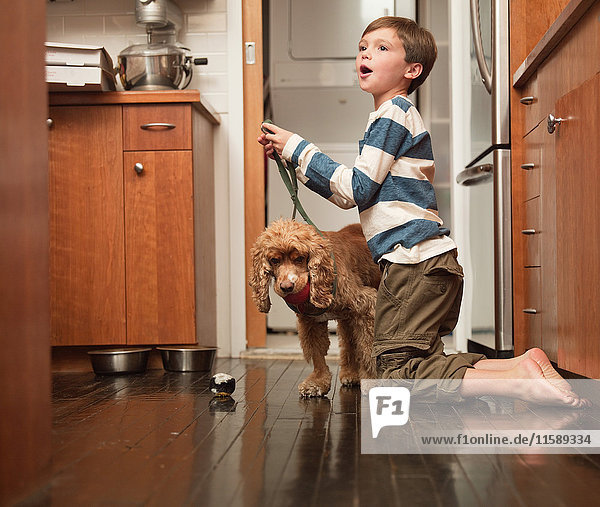 Boy holding lead of pet dog in kitchen