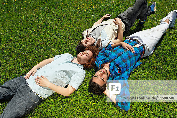 Three young men relaxing on grass