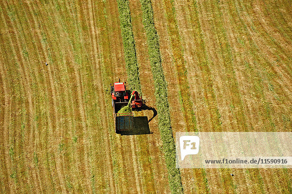 Luftaufnahme eines Traktors bei der Heuernte