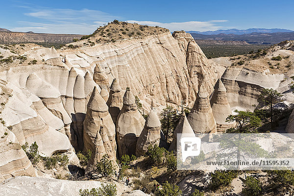 USA  New Mexico  Pajarito Plateau  Sandoval County  Kasha-Katuwe Tent Rocks National Monument  view to the desert valley with bizarre rock formations