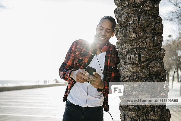 Spanien  lächelnder junger Mann mit Kopfhörern an Palmenstamm lehnend  auf Handy schauend