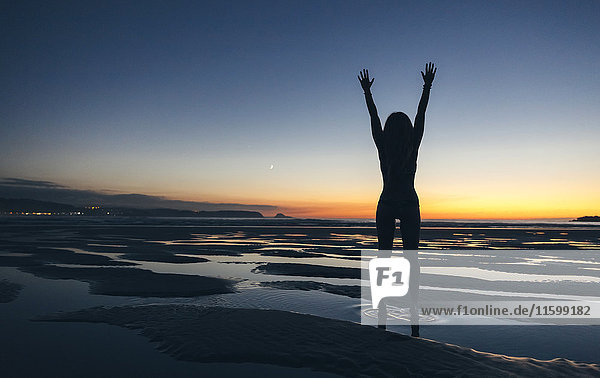 Junge Frau stehend mit erhobenen Armen am Meer bei Sonnenuntergang