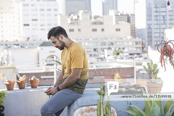 Junger Mann sitzt auf der Dachterrasse und überprüft Smartphone-Nachrichten.