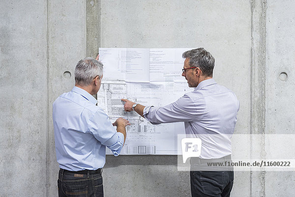 Two businessmen discussing construction plan at concrete wall
