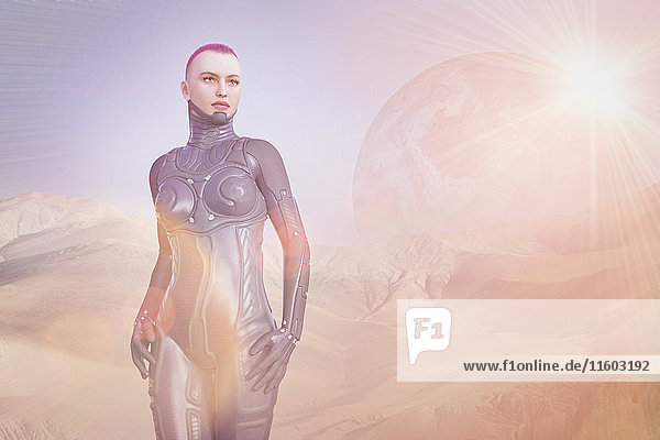 Android-Frau auf futuristischem Planeten