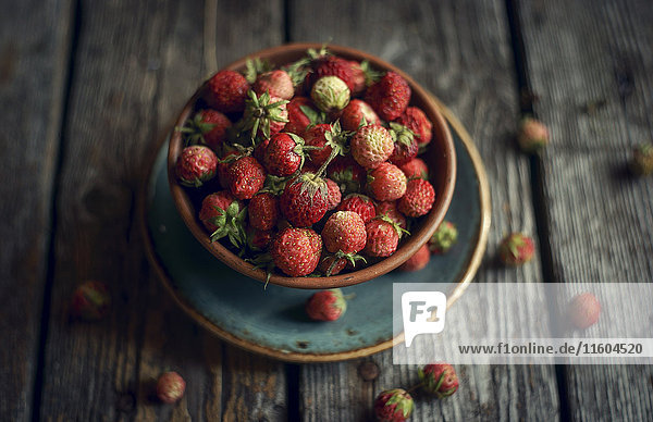 Schale mit roten Erdbeeren auf Holztisch