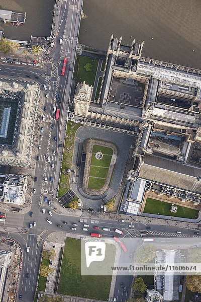Directly above view of Big Ben and Westminster Bridge by Thames River  London  England  UK