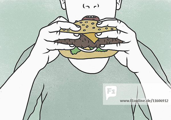 Nahaufnahme eines Mannes beim Hamburgeressen vor farbigem Hintergrund