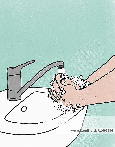 Nahaufnahme der Person beim Händewaschen im Waschbecken vor farbigem Hintergrund