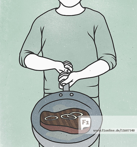 Abbildung des Mannes beim Kochen von Steak in der Pfanne