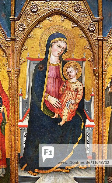 Gothic Altarpiece of Madonna and child,  by Pietro da Pisa from liguria,  circa 1401-1423,  tempera and gold leaf on for wood. National Museum of Catalan Art,  Barcelona,  Spain,  inv no: MNAC 67192.