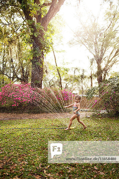 Mädchen im Badeanzug spielt im Gartensprinkler-Wasser