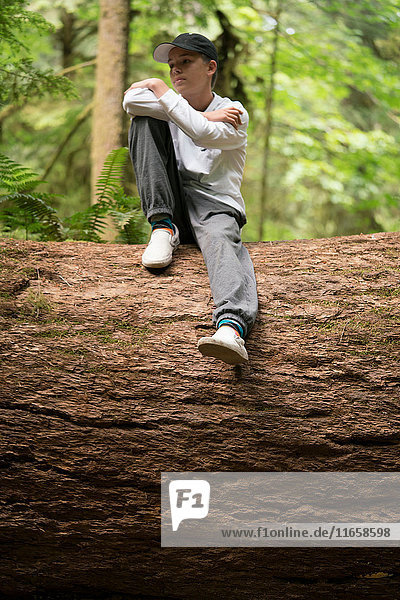 Teenager  der auf einem umgefallenen Baumstamm sitzt und wegschaut  Pacific Rim National Park  Vancouver Island  Kanada