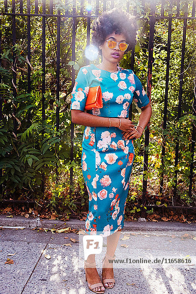 Porträt einer jungen weiblichen Mode-Bloggerin mit Afro-Haaren  die auf dem Bürgersteig eines Parks wartet  New York  USA