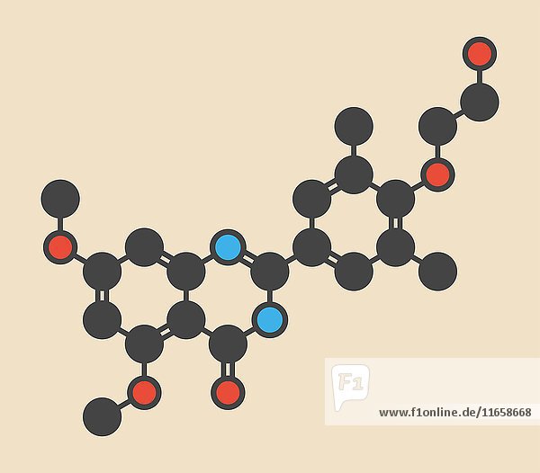 Apabetalon-Arzneimittelmolekül gegen Arteriosklerose (BET-Hemmer). Stilisierte Skelettformel (chemische Struktur): Die Atome sind als farbcodierte Kreise dargestellt: Wasserstoff (verdeckt)  Kohlenstoff (grau)  Stickstoff (blau)  Sauerstoff (rot).