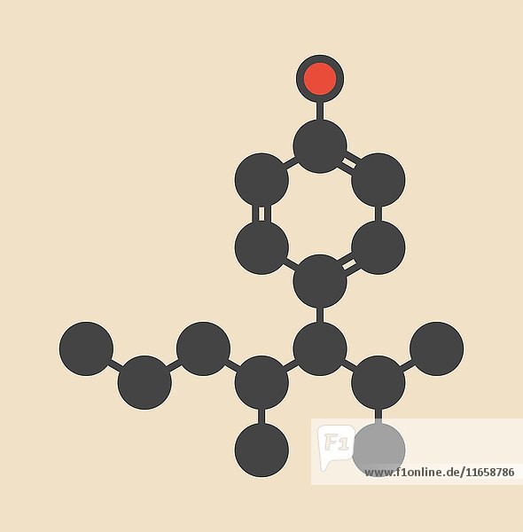 Nonylphenol-Molekül als endokriner Disruptor (ein Isomer dargestellt). Stilisierte Skelettformel (chemische Struktur): Die Atome sind als farbcodierte Kreise dargestellt: Wasserstoff (verdeckt)  Kohlenstoff (grau)  Sauerstoff (rot).