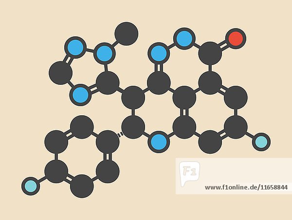 Krebsmedikament Talazoparib (PARP-Inhibitor). Stilisierte Skelettformel (chemische Struktur): Die Atome sind als farbcodierte Kreise dargestellt: Wasserstoff (verdeckt)  Kohlenstoff (grau)  Stickstoff (blau)  Sauerstoff (rot)  Fluor (cyan).