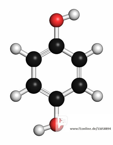 Hydrochinon-Reduktionsmittel-Molekül. Wird bei der Entwicklung von fotografischen Filmen verwendet. Die Atome sind als Kugeln mit herkömmlicher Farbkodierung dargestellt: Wasserstoff (weiß)  Kohlenstoff (grau)  Sauerstoff (rot).