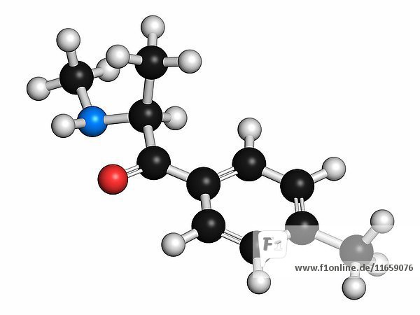 Mephedron (4-MMC  4-Methylmethcathinon  4-Methylephedron) Molekül einer stimulierenden Droge (Designerdroge). Die Atome sind als Kugeln mit herkömmlicher Farbkodierung dargestellt: Wasserstoff (weiß)  Kohlenstoff (grau)  Sauerstoff (rot)  Stickstoff (blau).