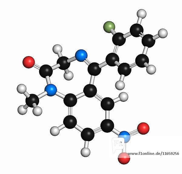 Molekül der hypnotischen Droge Flunitrazepam. Die Atome werden als Kugeln mit konventioneller Farbkodierung dargestellt: Wasserstoff (weiß)  Kohlenstoff (grau)  Sauerstoff (rot)  Stickstoff (blau)  Fluor (hellgrün).