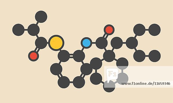 Dalcetrapib Hypercholesterinämie Arzneimittelmolekül. Stilisierte Skelettformel (chemische Struktur): Die Atome sind als farbcodierte Kreise dargestellt: Wasserstoff (verdeckt)  Kohlenstoff (grau)  Stickstoff (blau)  Sauerstoff (rot)  Schwefel (gelb).