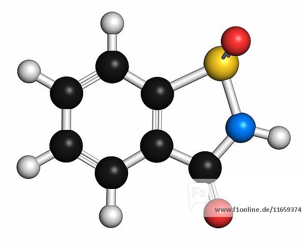 Molekül des künstlichen Süßungsmittels Saccharin (Zuckeraustauschstoff). Die Atome sind als Kugeln mit konventioneller Farbkodierung dargestellt: Wasserstoff (weiß)  Kohlenstoff (grau)  Sauerstoff (rot)  Stickstoff (blau)  Schwefel (gelb).