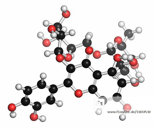 Rutin (Rutosid  Sophorin) Molekül. Pflanzliches Glykosid  bestehend aus Quercetin und Rutinose. Die Atome sind als Kugeln mit konventioneller Farbkodierung dargestellt: Wasserstoff (weiß)  Kohlenstoff (grau)  Sauerstoff (rot).