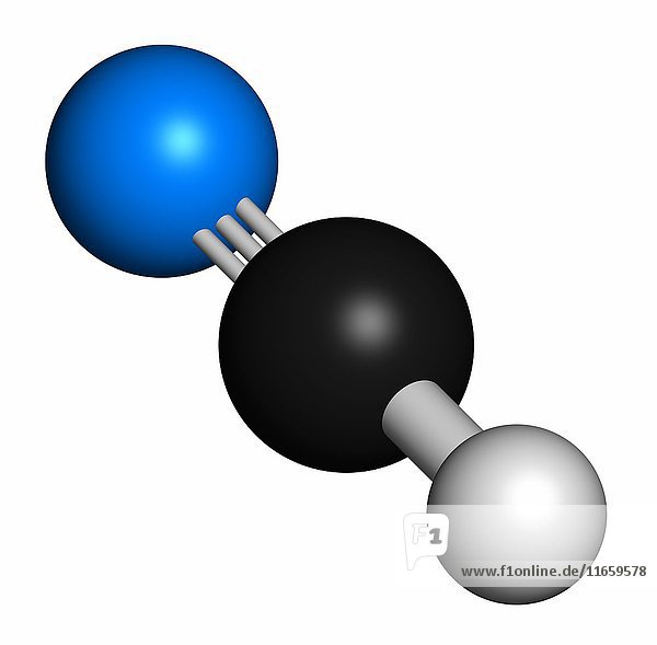 Cyanwasserstoff (HCN)-Giftmolekül. Hat einen typischen mandelartigen Geruch. Die Atome sind als Kugeln mit herkömmlicher Farbkodierung dargestellt: Wasserstoff (weiß)  Kohlenstoff (grau)  Stickstoff (blau).