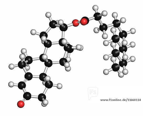 Nandrolondecanoat anaboles Steroid-Drogenmolekül. Wird auch im Sportdoping verwendet. Die Atome sind als Kugeln mit der üblichen Farbkodierung dargestellt: Wasserstoff (weiß)  Kohlenstoff (grau)  Sauerstoff (rot).