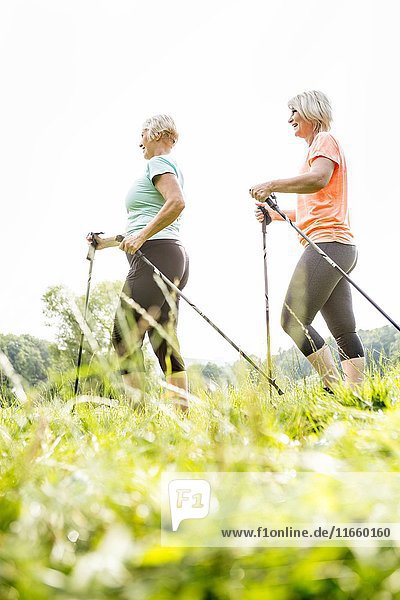 Two women walking in grass with walking poles.