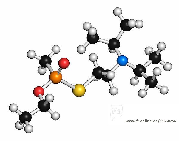 Molekül des Nervengifts VX (chemische Waffe). Die Atome sind als Kugeln mit konventioneller Farbkodierung dargestellt: Wasserstoff (weiß)  Kohlenstoff (grau)  Sauerstoff (rot)  Phosphor (orange)  Schwefel (gelb).