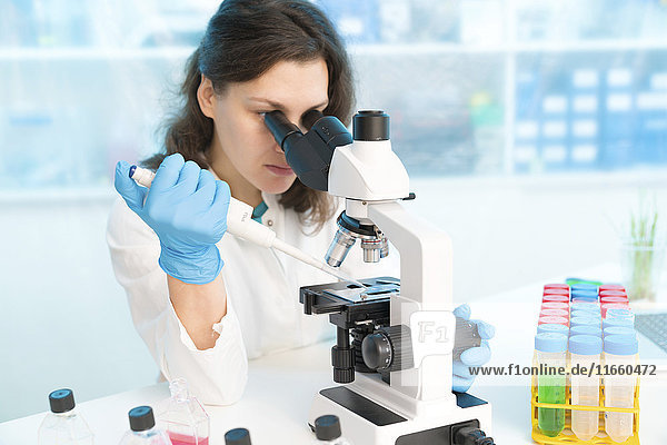 Wissenschaftlerin mit Pipette und Mikroskop.