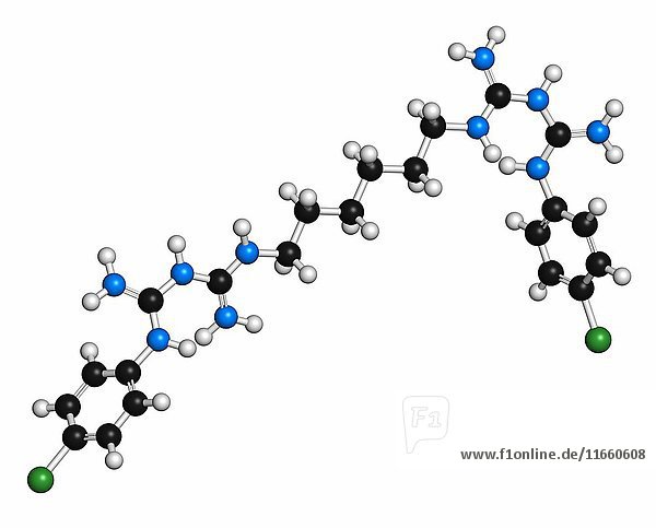 Antiseptisches Chlorhexidin-Molekül. Die Atome sind als Kugeln mit konventioneller Farbkodierung dargestellt: Wasserstoff (weiß)  Kohlenstoff (grau)  Stickstoff (blau)  Chlor (grün).