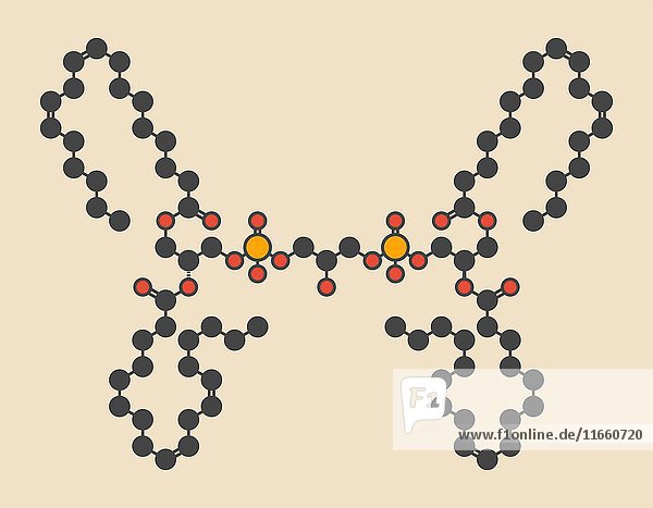 Cardiolipin (Tetralinoleoyl-Cardiolipin) Molekül. Wichtiger Bestandteil der inneren Membran der Mitochondrien. Stilisierte Skelettformel (chemische Struktur): Die Atome sind als farbcodierte Kreise dargestellt: Wasserstoff (verdeckt)  Kohlenstoff (grau)  Sauerstoff (rot)  Phosphor (orange).