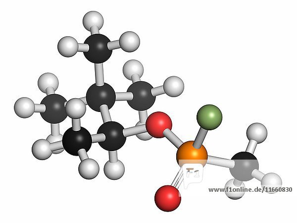 Molekül des Nervengifts Soman (chemische Waffe). Die Atome sind als Kugeln mit herkömmlicher Farbkodierung dargestellt: Wasserstoff (weiß)  Kohlenstoff (grau)  Sauerstoff (rot)  Phosphor (orange)  Fluor (hellgrün).