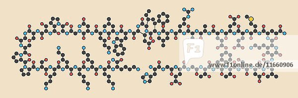 Molekül des Diabetes-Medikaments Lixisenatid. Stilisierte Skelettformel (chemische Struktur): Die Atome sind als farbcodierte Kreise dargestellt: Wasserstoff (verdeckt)  Kohlenstoff (grau)  Stickstoff (blau)  Sauerstoff (rot)  Schwefel (gelb).