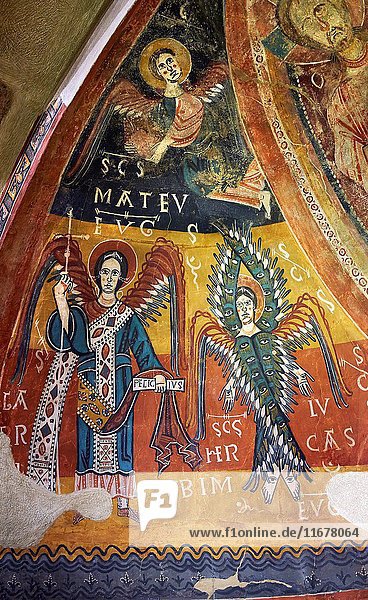Twelfth century Romanesque frescoes of the Apse of Estaon depicting a Byzantine style angels with Archangel Gabriel  from the church of Sant Eulalia dâ.Estaon  Vall de Cardos  Catalonia  Spain. National Art Museum of Catalonia  Barcelona. MNAC 15969.