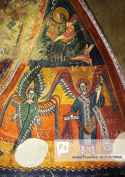 Twelfth century Romanesque frescoes of the Apse of Estaon depicting a Byzantine style angels with Archangel Michael  from the church of Sant Eulalia dâ.Estaon  Vall de Cardos  Catalonia  Spain. National Art Museum of Catalonia  Barcelona. MNAC 15969.