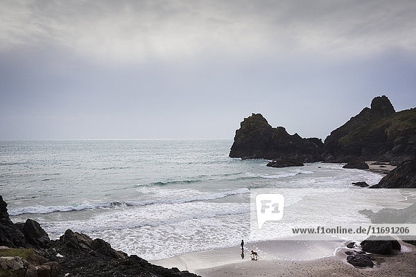 Küste von Cornwall  Blick auf das Meer von einer Felsklippe aus  eine Person und ein Hund stehen an einem Sandstrand.