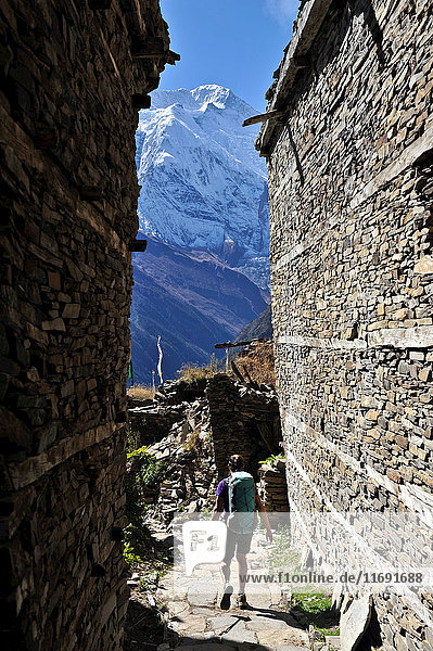 Frau wandert durch mittelalterliche Steingebäude  Ghyaru  Nepal