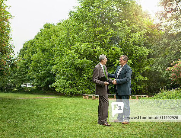 Businessmen shaking hands in park