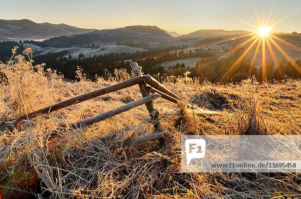 Broken fence and sunrise on frosty morning  Krasnik village area  Carpathian Mountains  Ivano-Frankivsk region  Ukraine