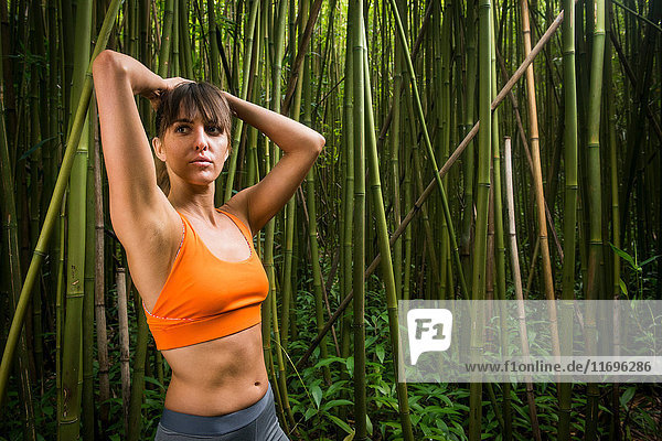 Läufer im Bambuswald stehend