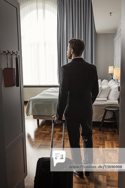 Rear view of businessman with luggage standing in hotel room