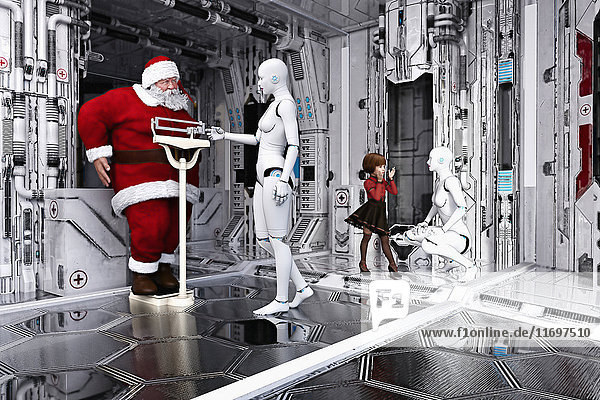 Frau Roboter wiegt Santa auf einer Waage