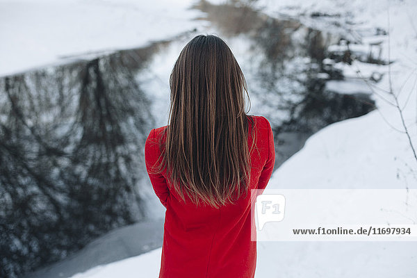 Rückansicht einer kaukasischen Frau mit langen Haaren im Schnee