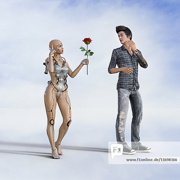Frau Roboter bietet Rose an Mann