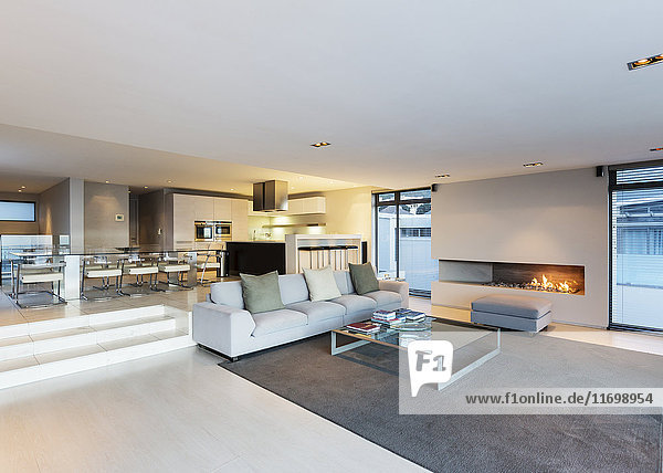 Modernes Luxushaus mit Wohnzimmer und Gaskamin