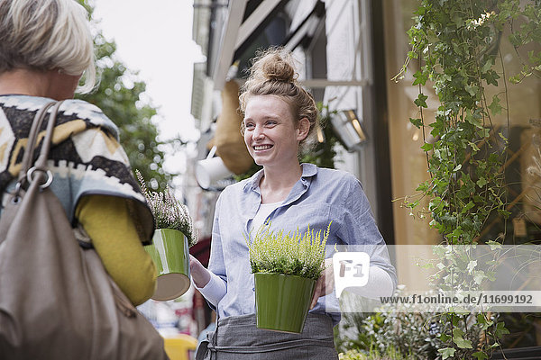 Florist zeigt einer Kundin im Laden Pflanzen