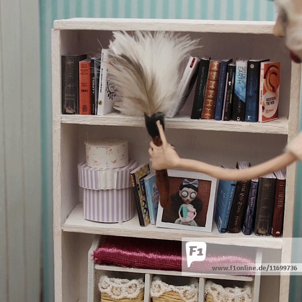 Puppenfigur einer Frau  die mit einem Staubwedel ein Bücherregal abstaubt  Stop-Motion-Effekt